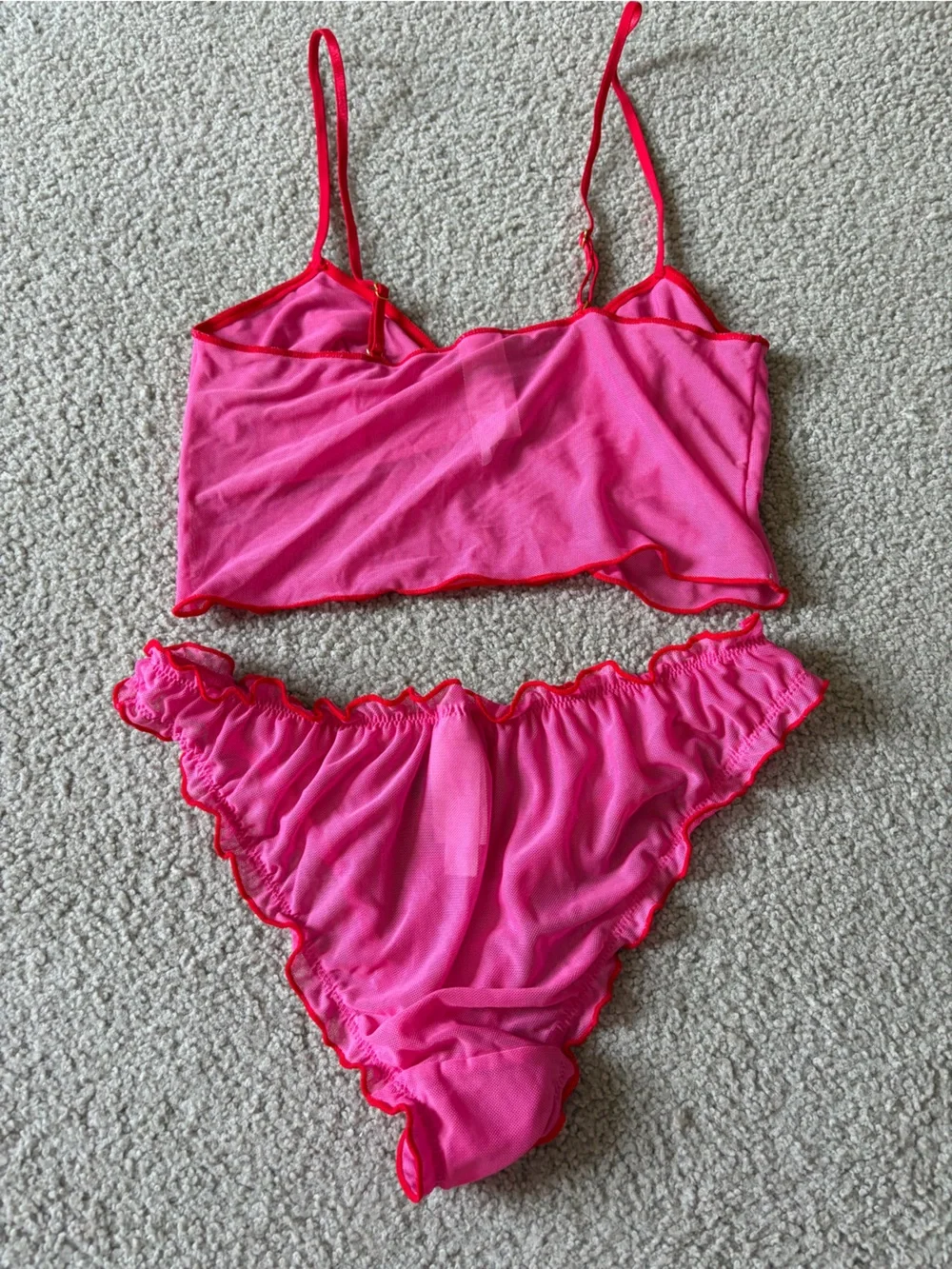Pink cherry Ruffle Lace-Trim Pajama/lingerie Set - Women